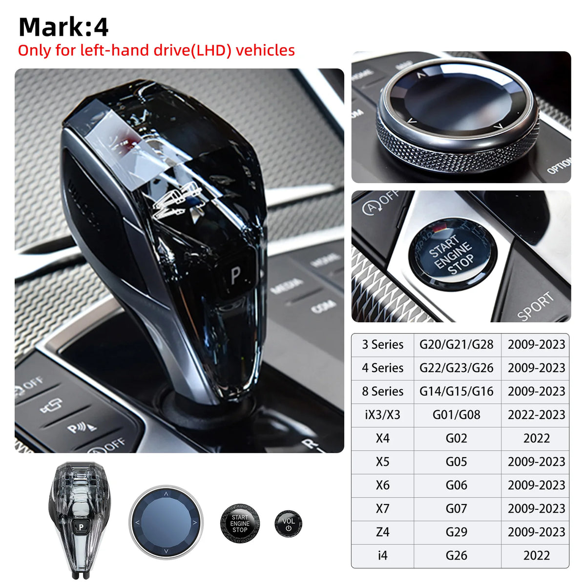 A black crystal gear shift knob lever for various BMW models shown alongside separate components.