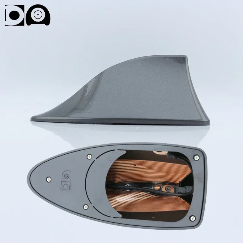 Antenne de voiture universelle à nageoire de requin noire avec boîtier transparent sur fond blanc.