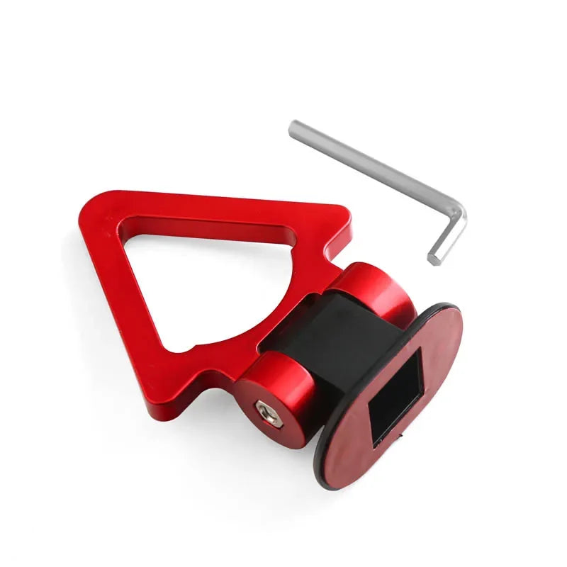 A red car trailer hook decal set featuring a metal hook and mounting piece.