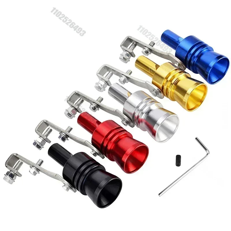 A set of turbo sound simulator whistles in various colors including blue, gold, and silver metal components.