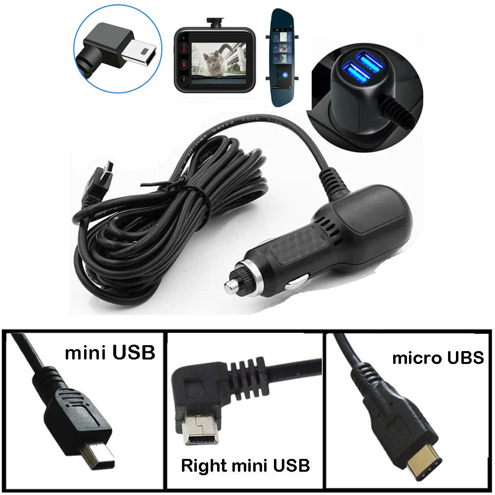 شاحن سيارة متعدد المنافذ، مزود بكابل ومحول طاقة وموصلات USB لكاميرات الرصد GPS.
