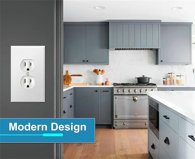 Modern kitchen cabinet and appliances featuring gray cabinetry, light countertops, and a white electrical switch plate.