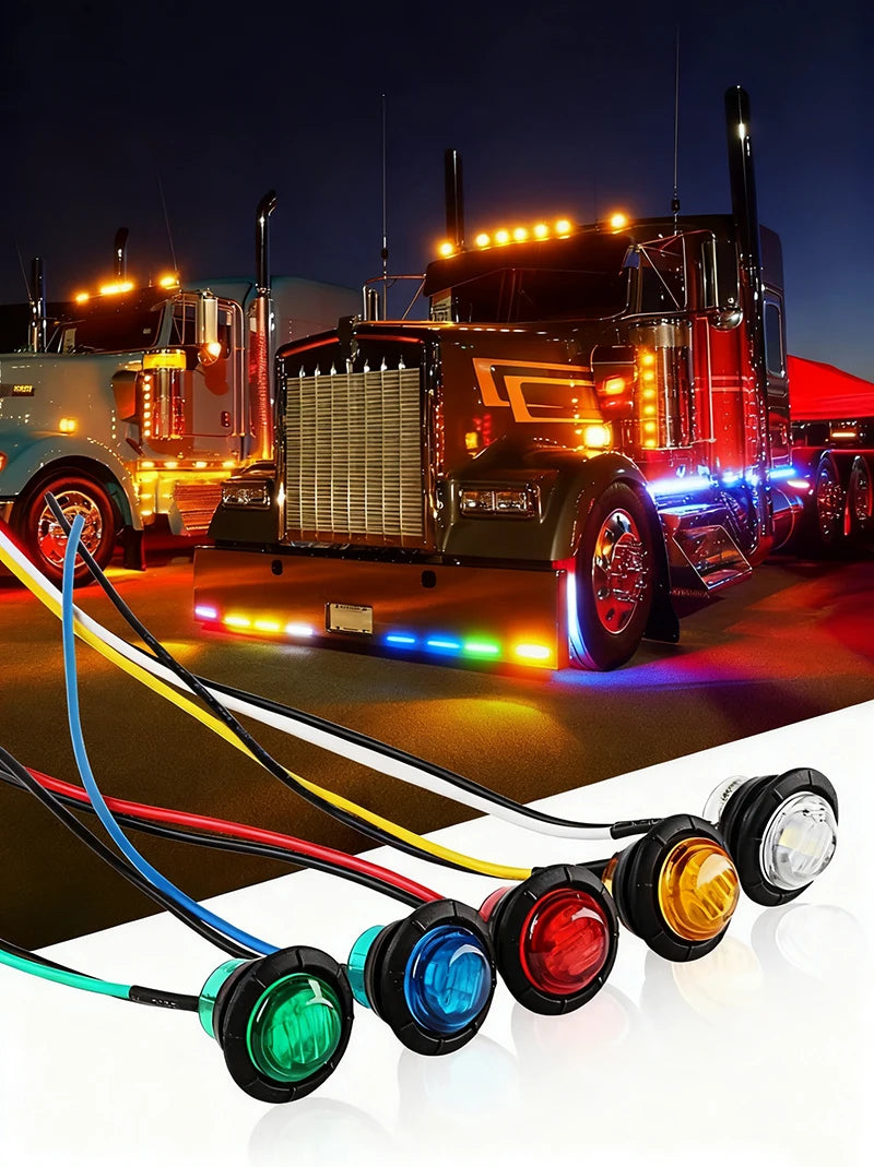 Round LED side marker lights for trucks and trailers displayed on a dark road at night.