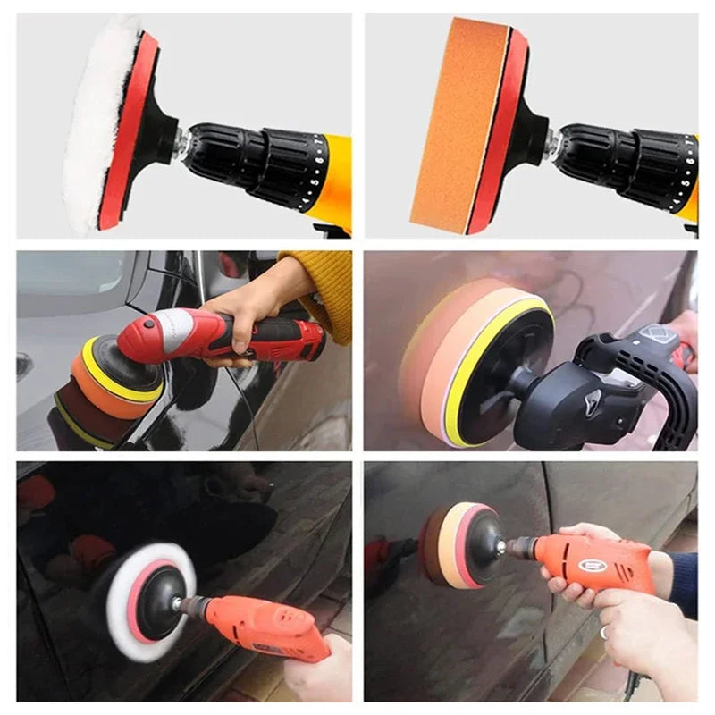 Set von 11 Schaumpolierpads zum Wachsen und Reinigen, gezeigt in verschiedenen Anwendungen auf einer Autoverkleidung.