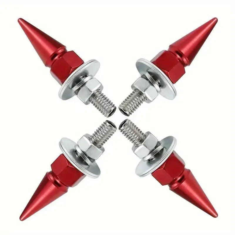 Four bright red M6 license plate fixing screws with silver heads shown against a white background.