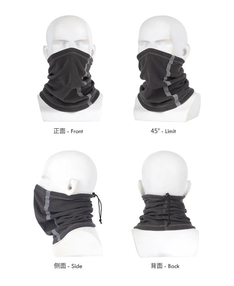 Adjustable fleece neck warmer scarf shown from front, limit angle, side view, and back view.