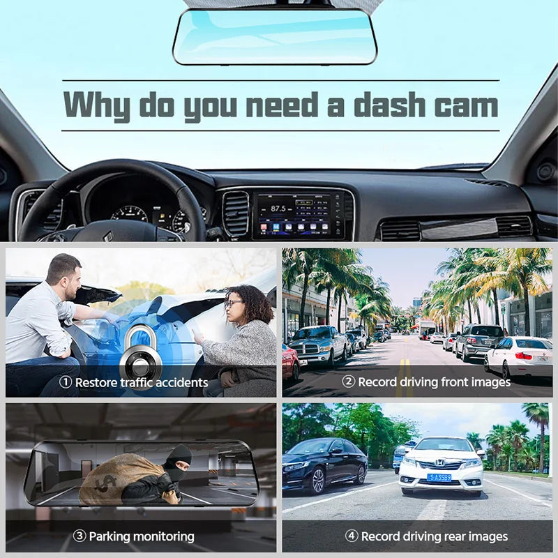 Affichage des fonctionnalités d'une dashcam : restauration d'accidents de la route, enregistrement avant/arrière et stationne