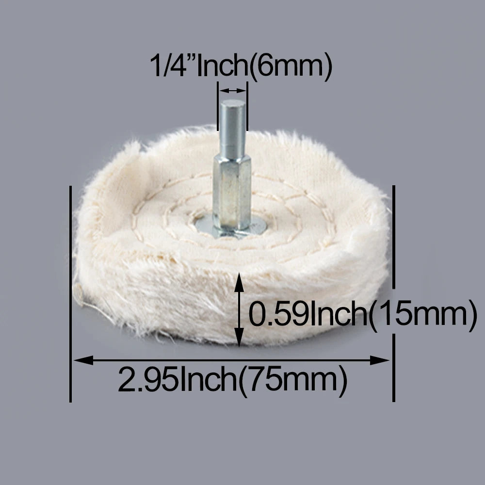 A light beige polishing wheel with a metal rod for jewelry and metalwork, measuring 2.95 inches in diameter.