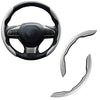 A black carbon fiber steering wheel cover with a leather grip and spokes shown from the top and side.
