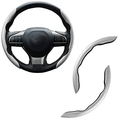 A black carbon fiber steering wheel cover with a leather grip and spokes shown from the top and side.