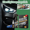 A bottle of headlight repair polish and a kit for headlight restoration shown next to a car headlight assembly.