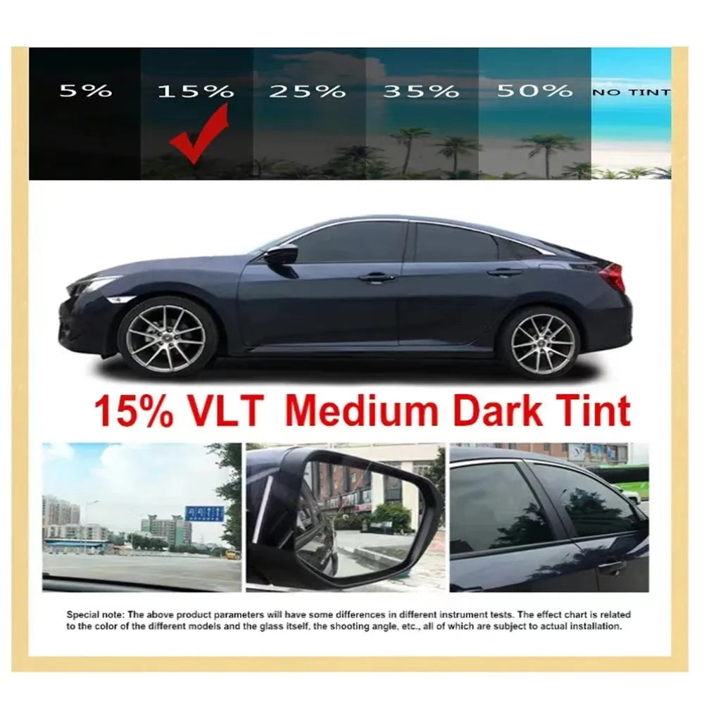 Dunkle Tintenfolie auf einem schwarzen Sedan, zeigt 15% VLT mittleren Dunkelgrad.