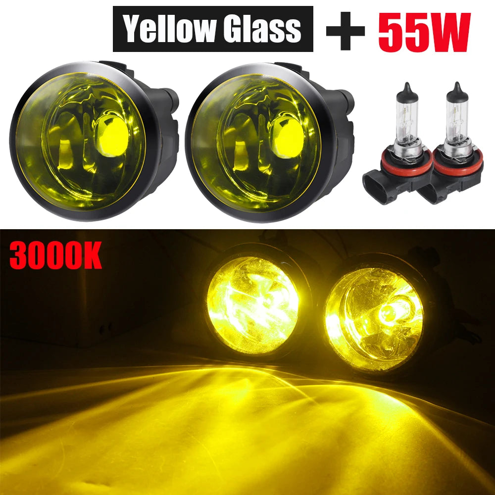 Yellow glass 55W fog light bulbs and a 3000K light source illuminating a road.