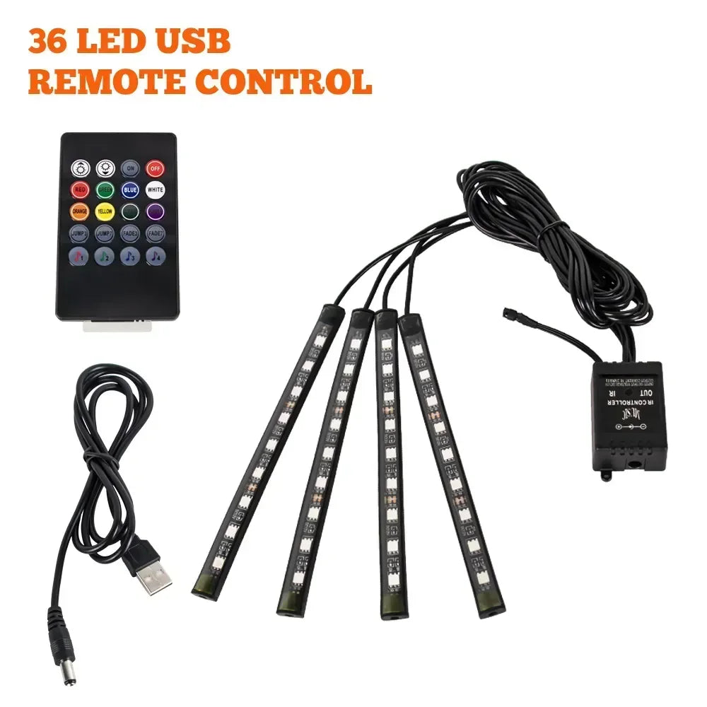 A set of 36 LED USB remote control lights and a power cable for car underglow