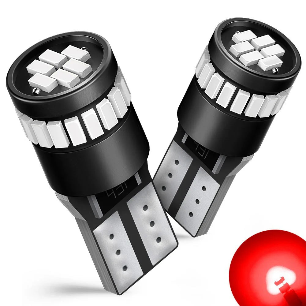 A pair of Canbus error-free T10 LED bulbs for vehicles, shown in close-up.