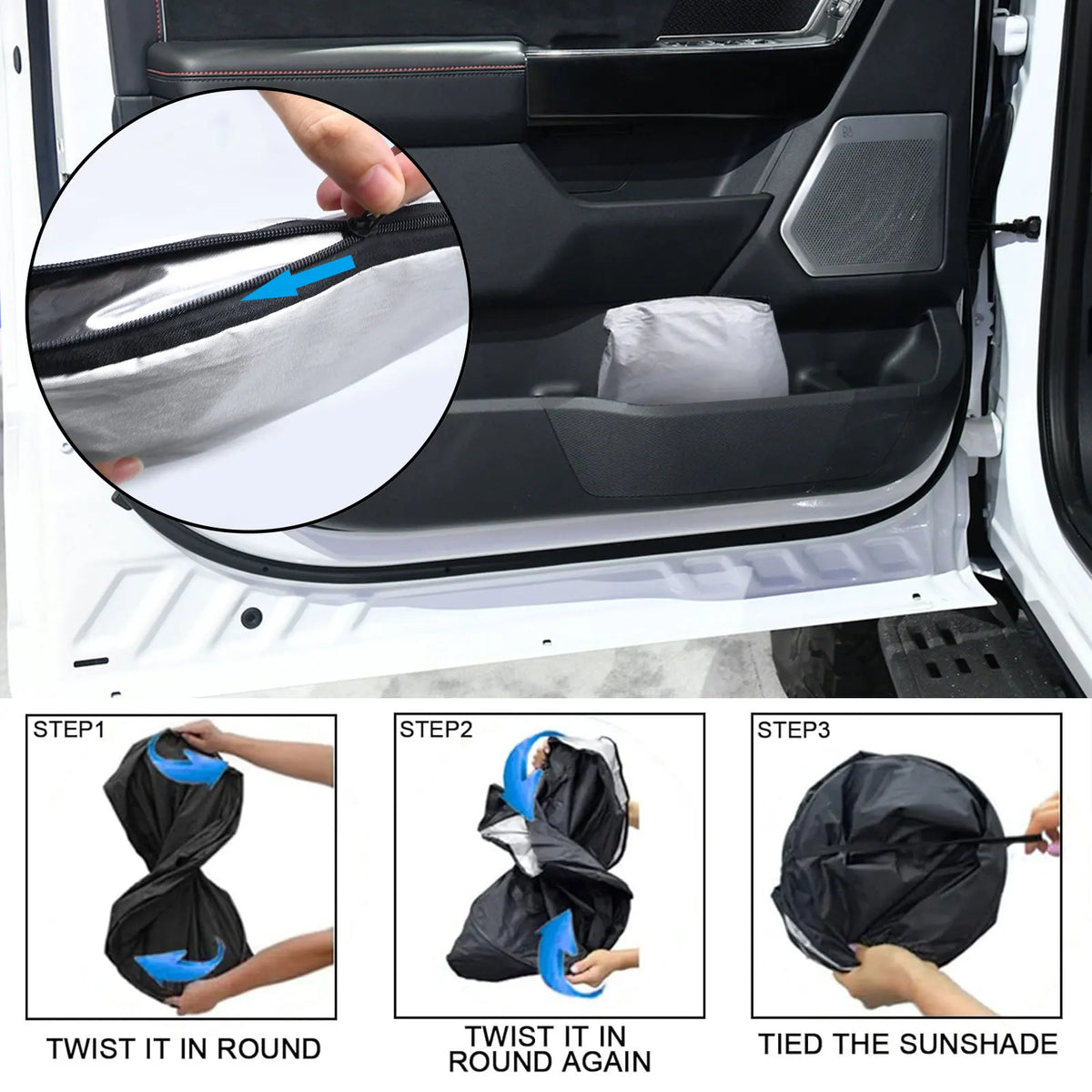 Instructions showing how to twist a UV protection windshield sunshade into a round shape for installation
