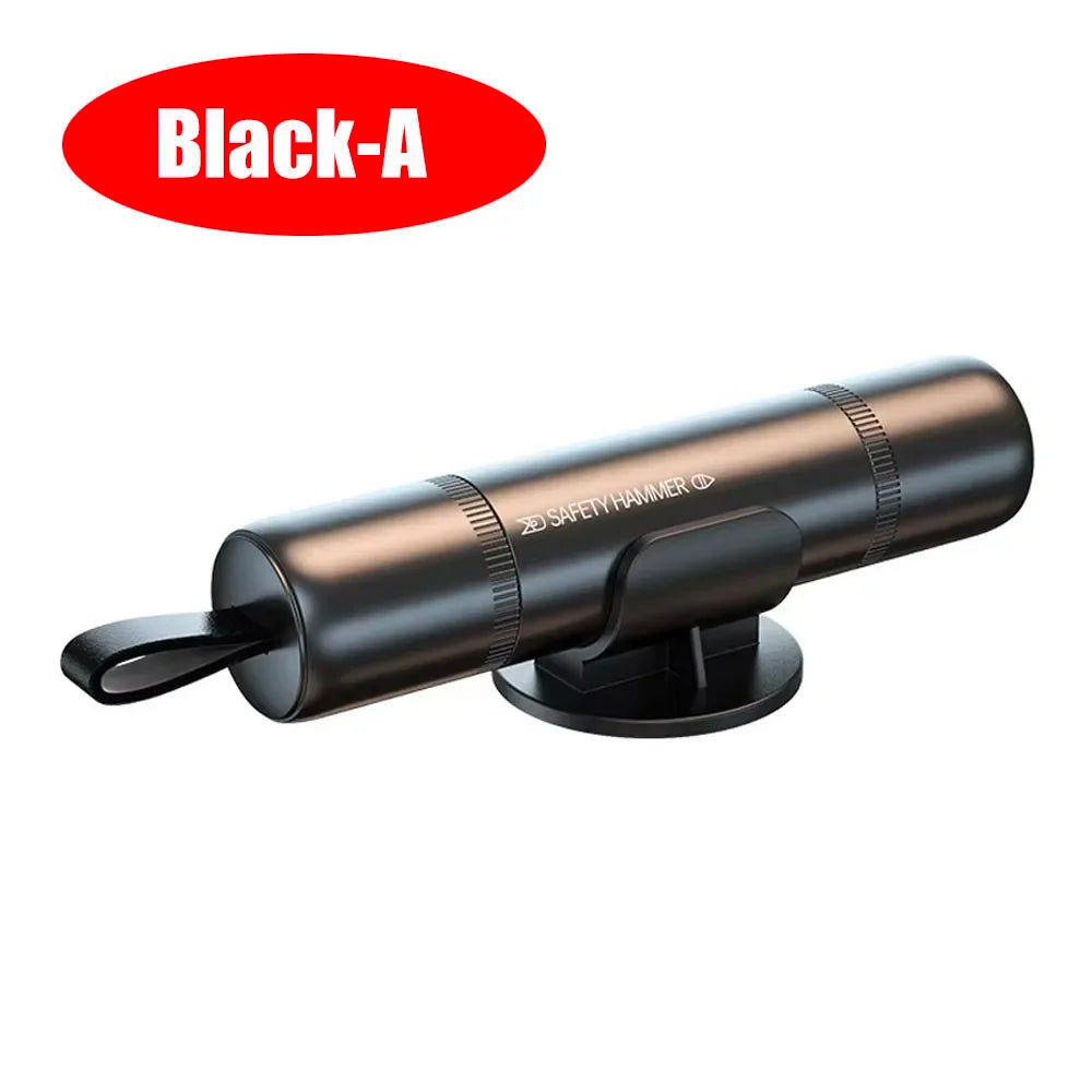 A black safety hammer tool used for emergency access.