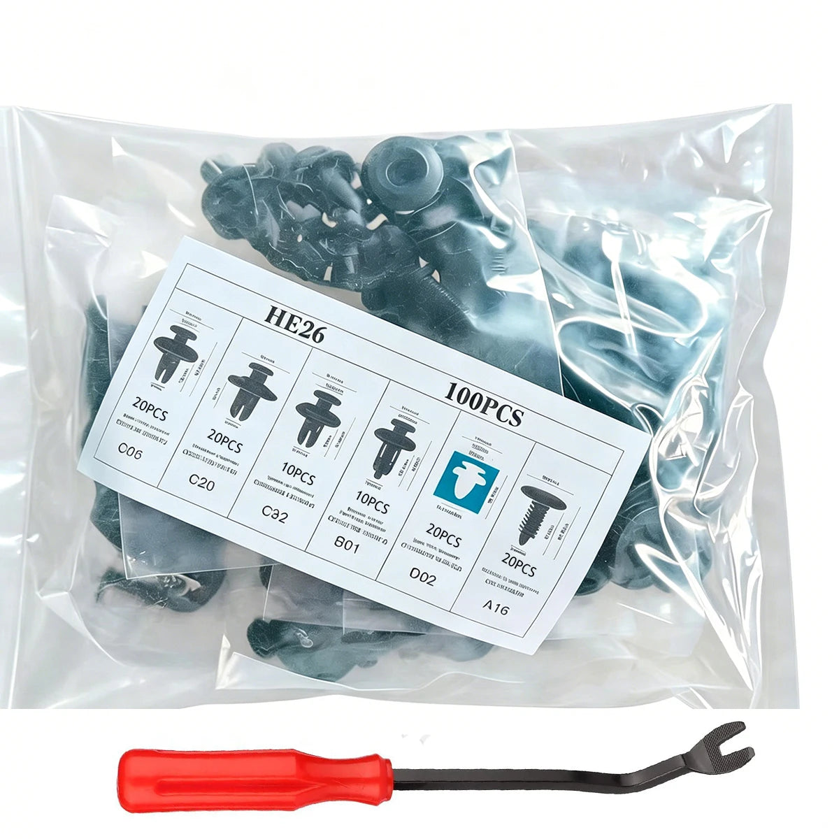 A clear plastic bag containing various auto fastener clips and a red and black tool.