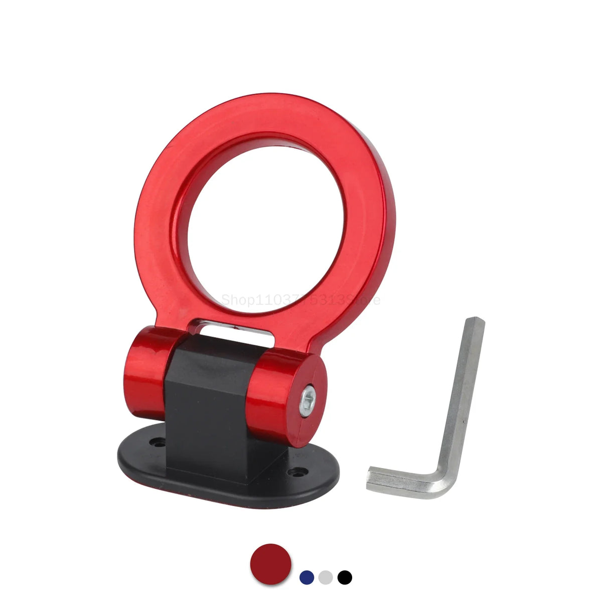 A red decorative racing tow hook sticker with a black mounting plate and a metal hook shown next to it.