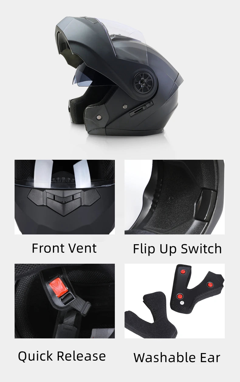A black motorcycle helmet with a clear visor showing various features like front vent, flip-up switch, quick release, and was