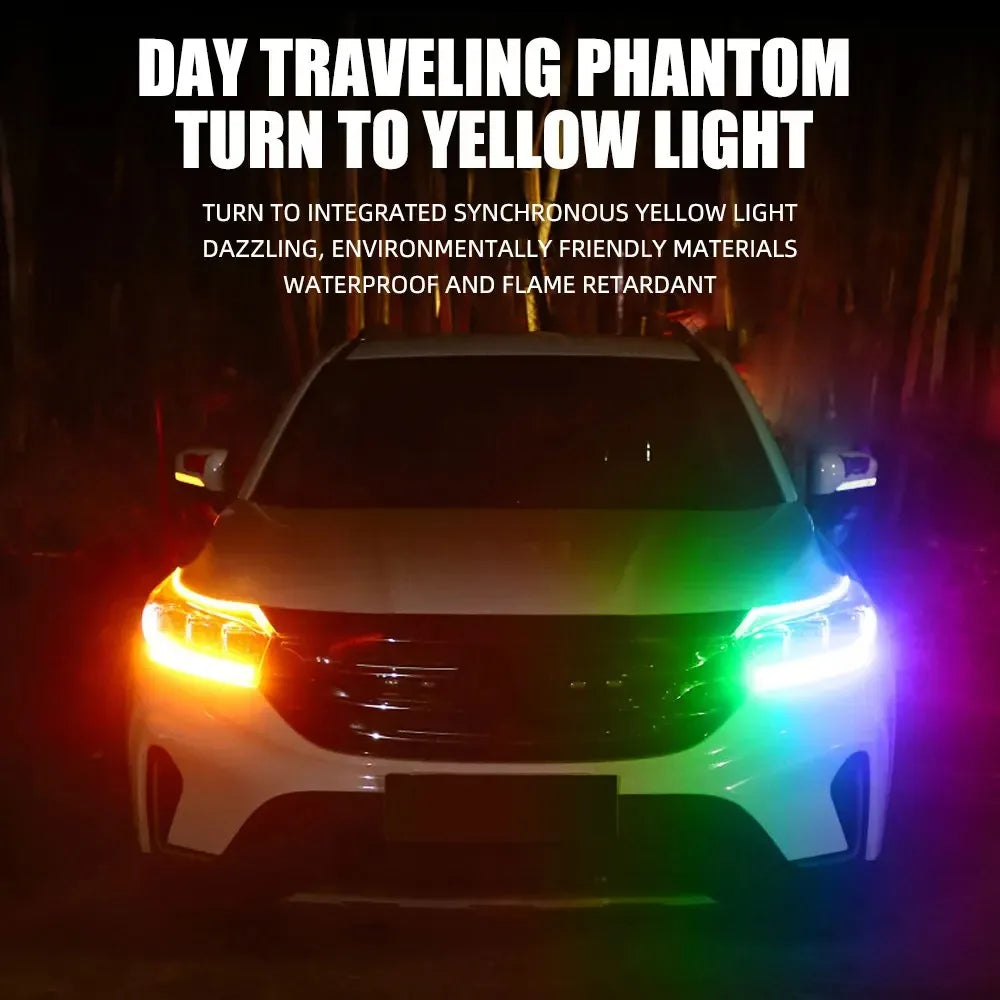 A white car's front grille with integrated yellow light dazzling and colorful LED lights.