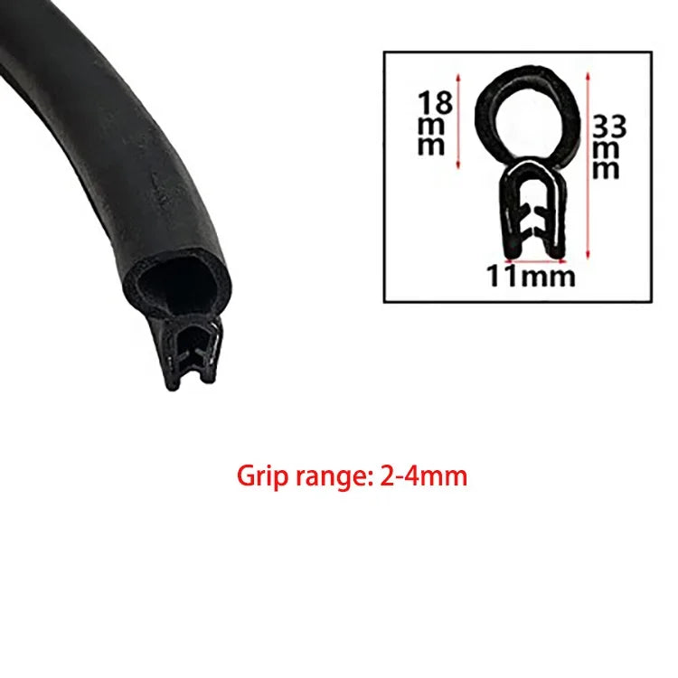 Close-up view of a black U-shaped door edge seal strip with dimensions and grip range information.