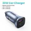 A silver UGREEN 30W car charger with USB-C and USB-A ports is shown from the side.