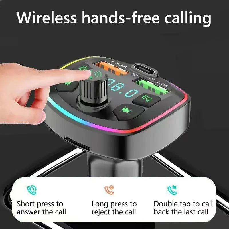 A hand is pressing a button on a black Bluetooth car charger with an FM transmitter device.
