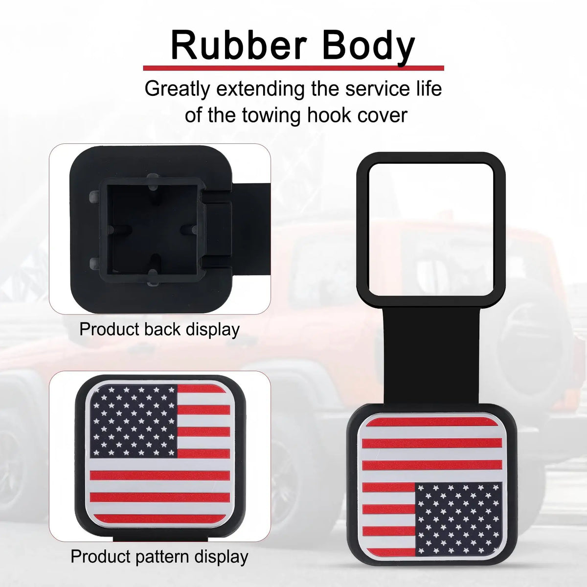 Black rubber body for a towing hook cover with a patriotic pattern display
