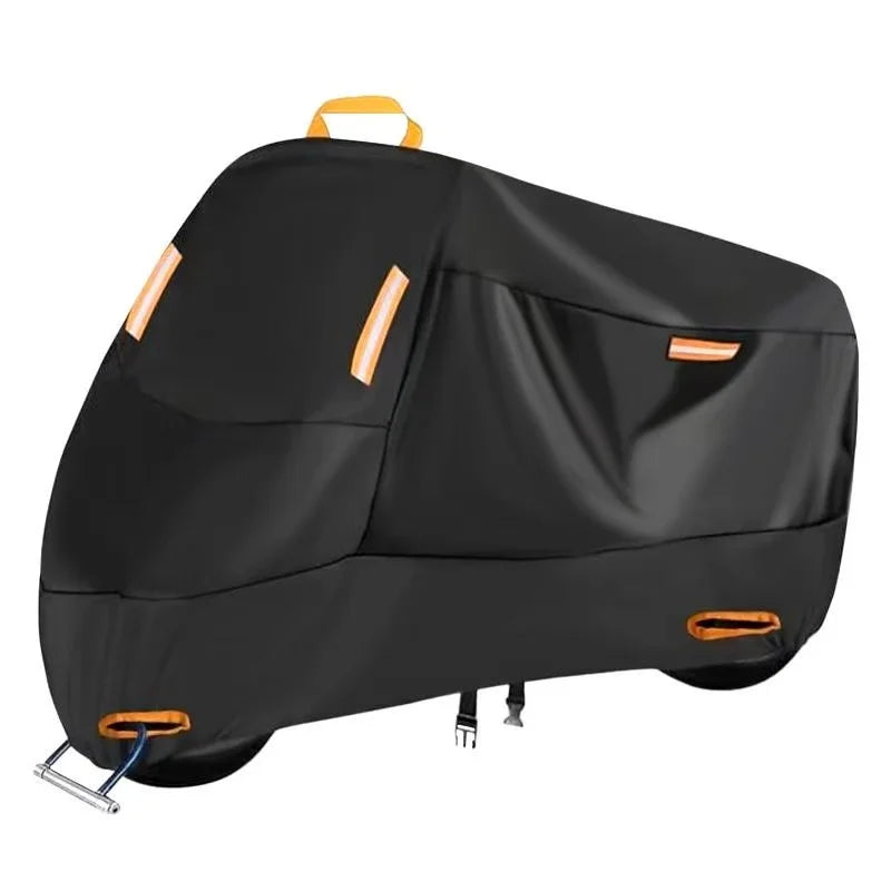 Black heavy-duty waterproof motorcycle cover with orange accents and straps.