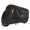 Black heavy-duty waterproof motorcycle cover with orange accents and straps.