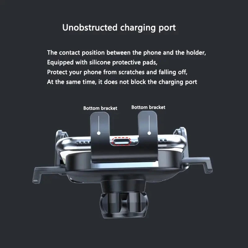 A black phone holder with a bottom bracket designed for an unobstructed charging port.