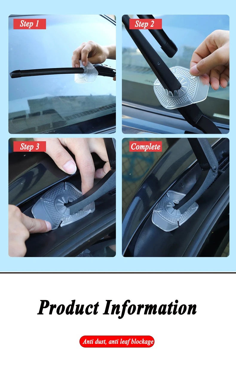 Three steps showing how to install a universal windshield wiper protective cover on a car windshield.