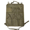 Olive green seat back organizer featuring multiple pockets and straps for securing items