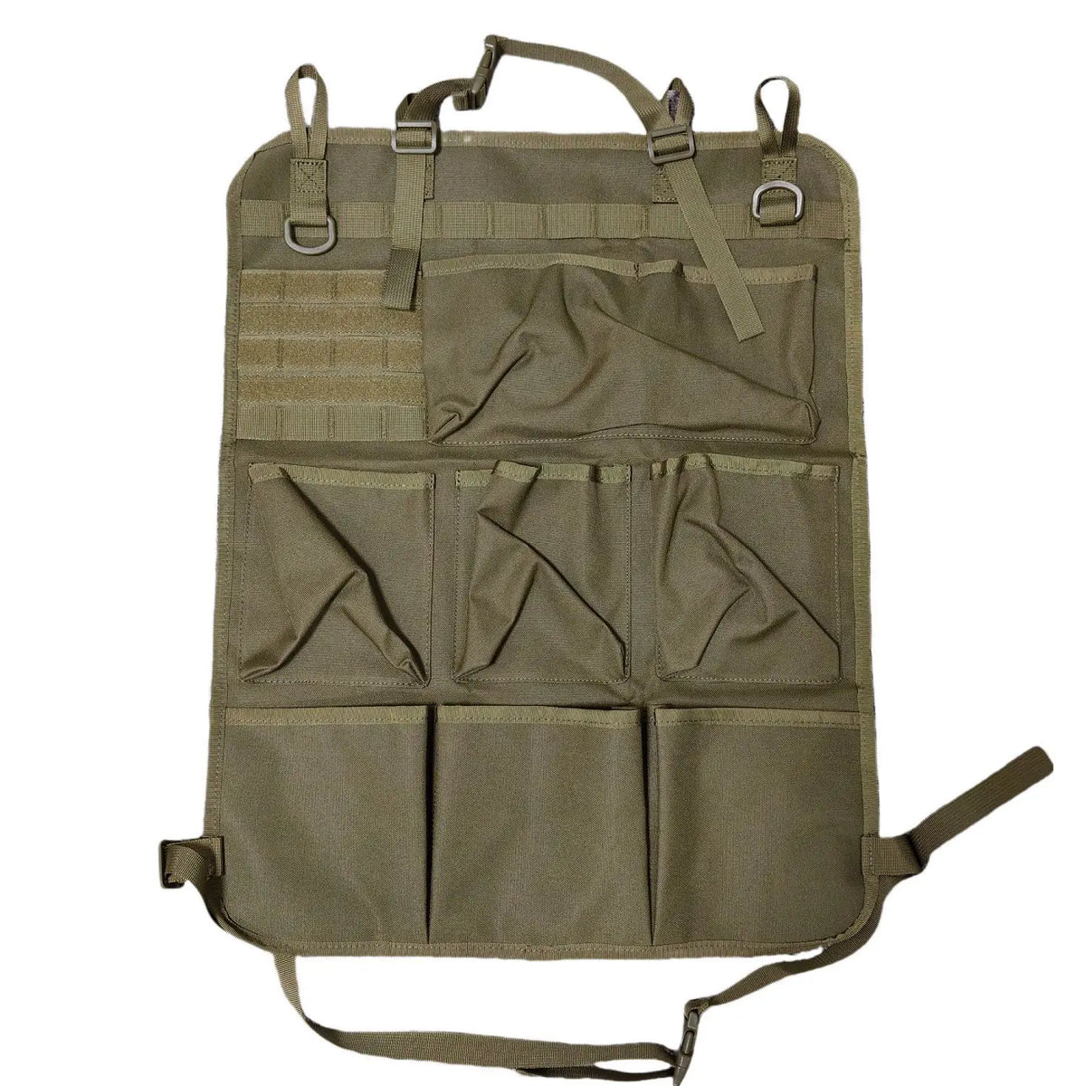 Olive green seat back organizer featuring multiple pockets and straps for securing items