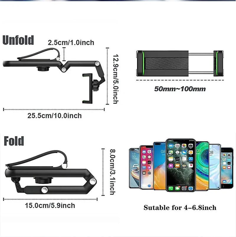 A multi-functional car sun visor phone mount shown in unfolded and folded states with various dimensions.