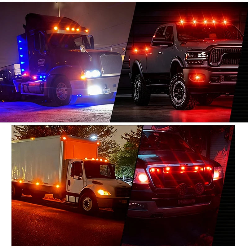A composite image showing various trucks and trailers equipped with round LED side marker lights.