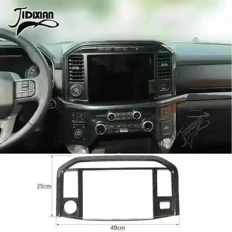 Carbon fiber grain interior trim kit for Ford F-150 showing a rectangular panel and steering wheel context.