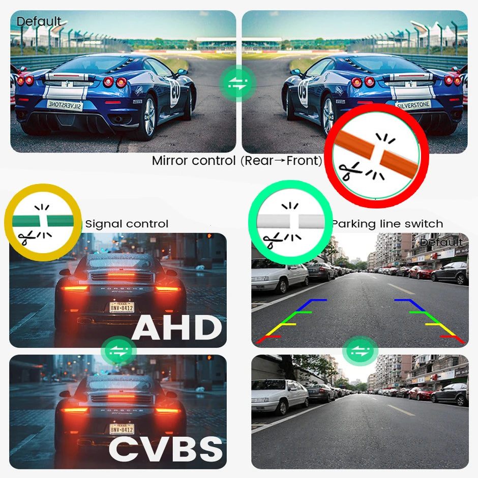 Diagrams showing mirror control, signal control, and parking line switch features for a 170° HD backup camera.