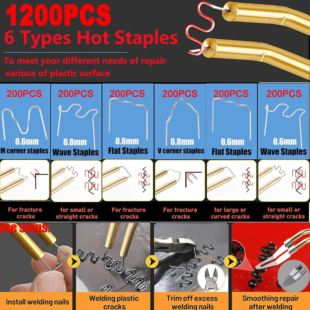 A set of 1200 plastic hot staples in various types and sizes for repair work