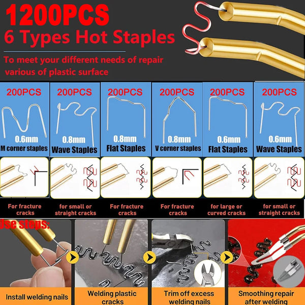 A set of 1200 plastic hot staples in various types and sizes for repair work