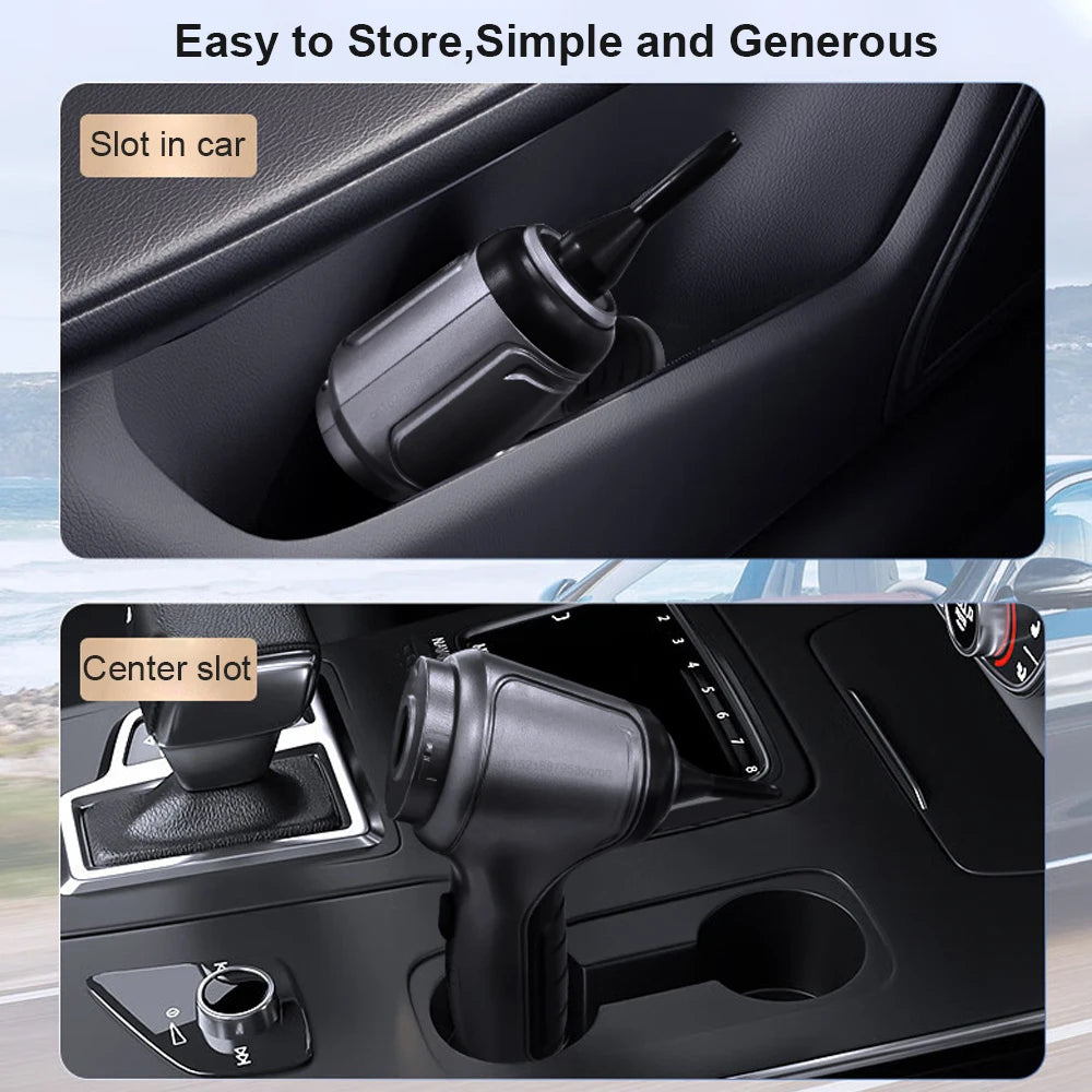 A black high-power wireless handheld vacuum cleaner is shown being easily stored in a car slot and a center console.