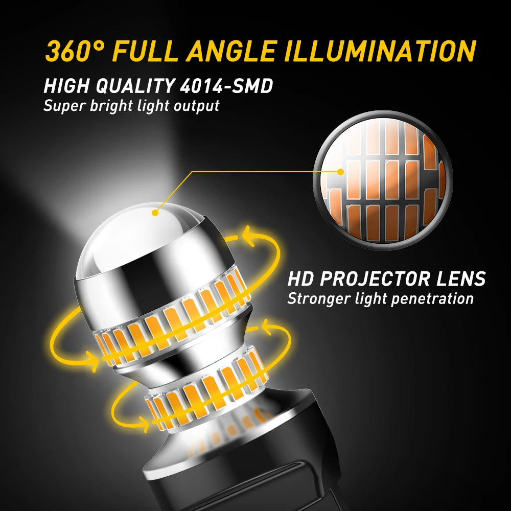 A close-up view of a silver LED projector lens assembly for a car light, highlighting 360 degree illumination and high qualit