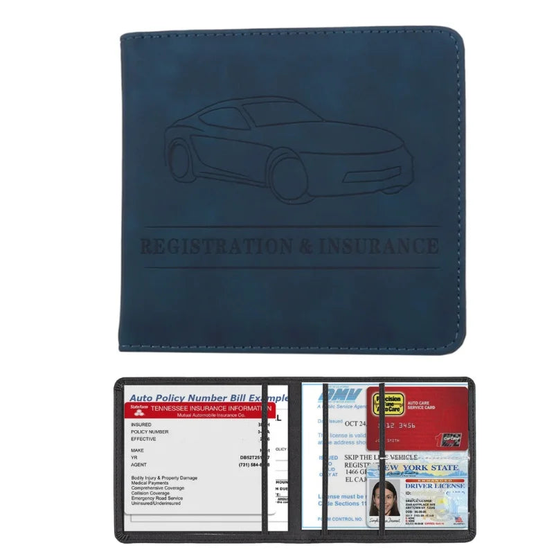 A dark blue PU leather document organizer featuring a silhouette of a car and text for registration and insurance.