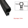 Close-up view of a black U-shaped door edge seal strip with dimensions labeled.