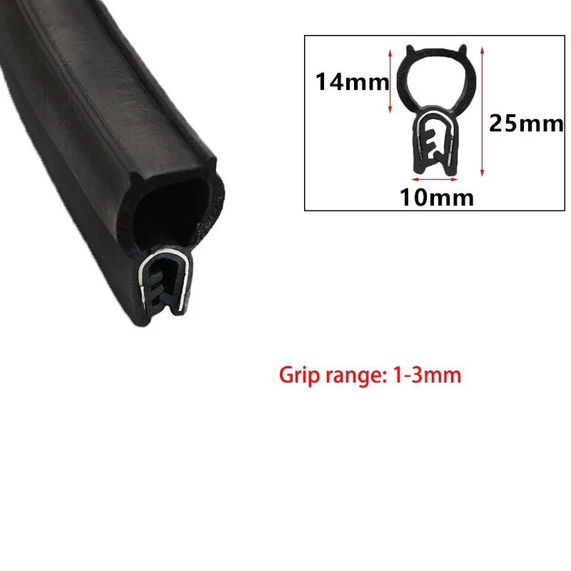 Close-up view of a black U-shaped door edge seal strip with dimensions labeled.