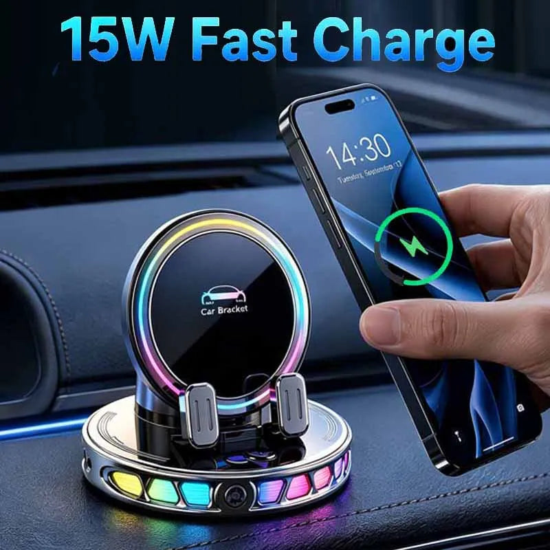 A hand places an iPhone on a clamp car phone mount with RGB lighting in a car interior.
