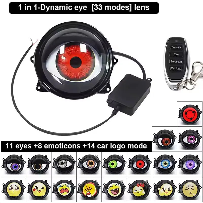 A set of dynamic LED car eye lights featuring 11 eyes, 8 emoticons, and 14 car logo modes with a remote control.