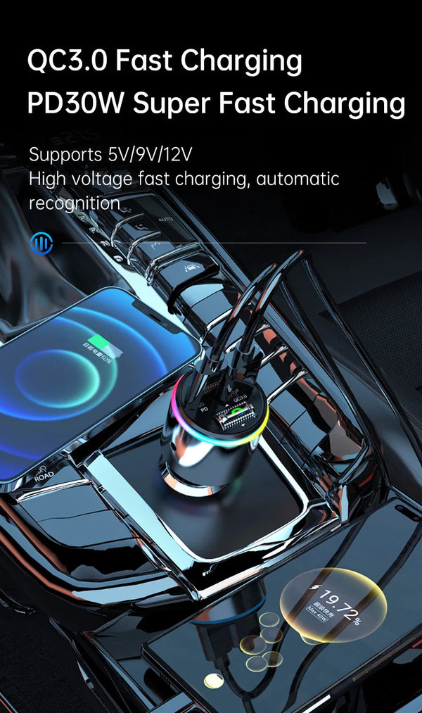 Close-up of a QC3.0 fast charging adapter plugged into a car's cigarette lighter socket.