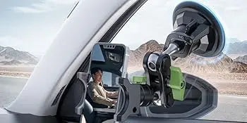 A 360 degree suction cup phone mount is shown installed on a car windshield, ready for use.